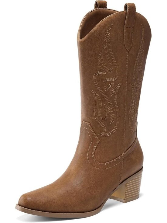 Shoes - Women's Tan Thermoplastic Elastomers Square Toe Elegant Mid Calf Western Boot